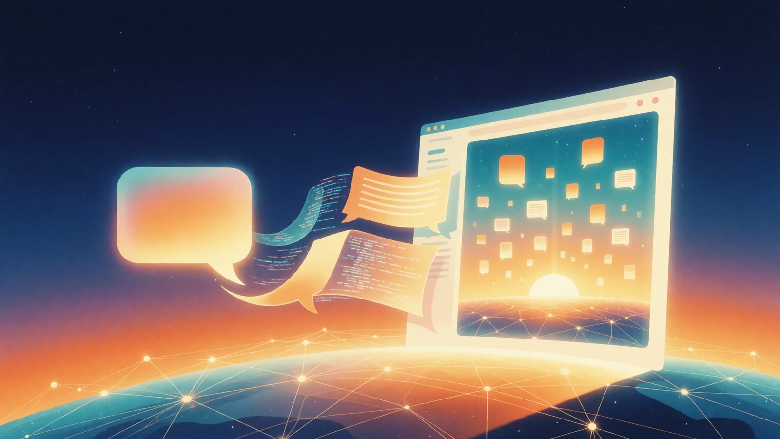 Glowing chat bubbles becoming a website above a connected world